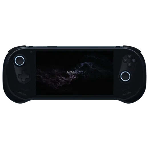 A black AYANEO 3 handheld gaming console with illuminated analog sticks and standard gaming buttons, displaying a sleek startup screen with a dark background and swirling blue and purple particle effects. The text "AYANEO 3" appears at the center of the screen.