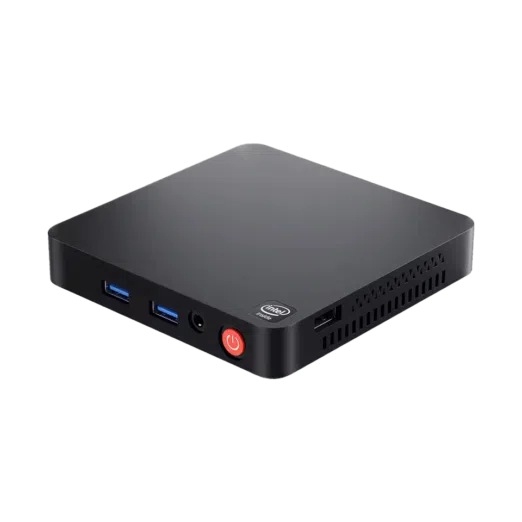A compact Beelink T5 Mini PC with a black finish, Intel branding, USB 3.0 ports, a headphone jack, a power button, and ventilation on the sides.