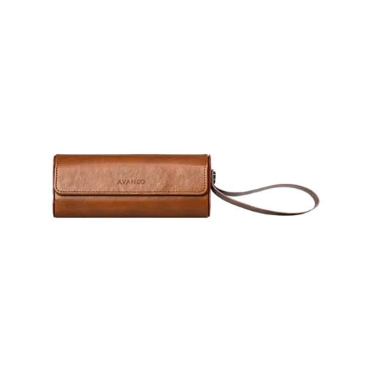 AYANEO Micro Protective Leather Case in brown, featuring a compact, cylindrical design with a fold-over flap secured by a magnetic closure. The case has a wrist strap attached for easy carrying, and the 'AYANEO' logo is embossed on the front. Designed to provide stylish and durable protection for AYANEO Pocket Micro devices.