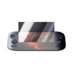 AYN Odin 2 Portal handheld gaming console with a partially applied tempered glass screen protector, demonstrating its clarity and coverage for enhanced display protection.