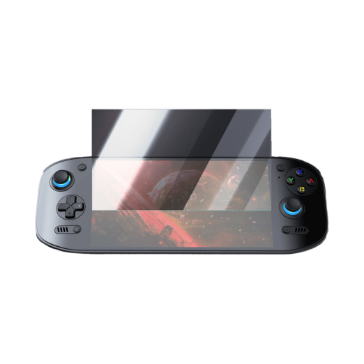 AYN Odin 2 Portal handheld gaming console with a partially applied tempered glass screen protector, demonstrating its clarity and coverage for enhanced display protection.