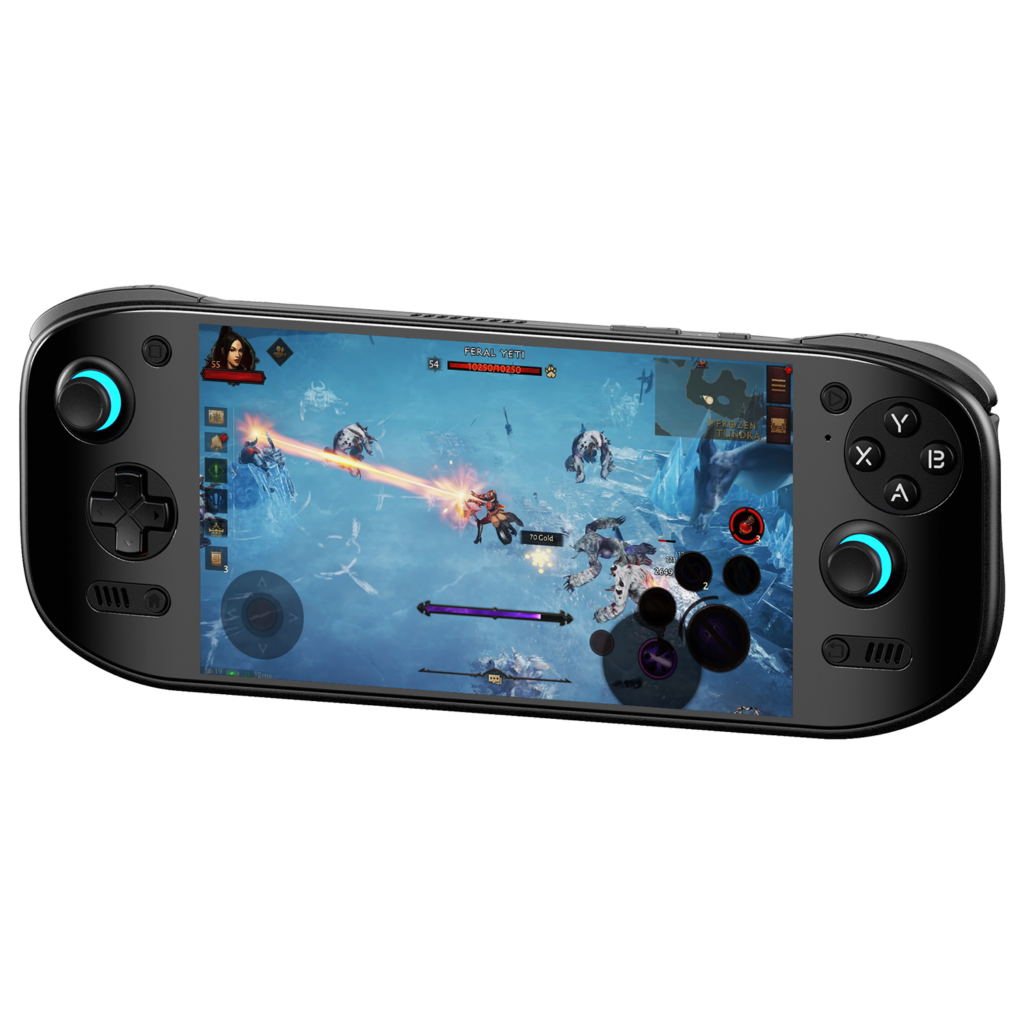A black AYN Odin 2 Portal handheld gaming console displaying an action packed RPG game The screen shows a character using a fiery attack against enemies in a frozen landscape The device has an ergonomic design with illuminated thumbsticks