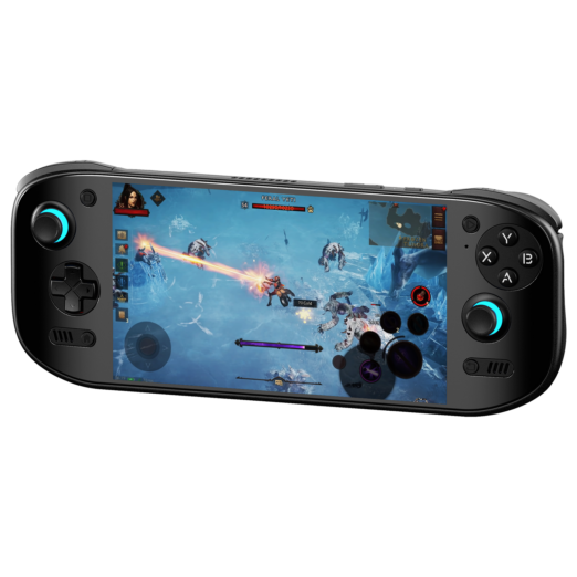 En svart AYN Odin 2 Portal handhållen spelkonsol som visar ett actionfyllt RPG-spel. På skärmen syns en karaktär som använder en eldattack mot fiender i ett fruset landskap. Enheten har en ergonomisk design med upplysta tumspakar.