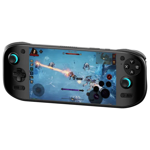 A black AYN Odin 2 Portal handheld gaming console displaying an action-packed RPG game. The screen shows a character using a fiery attack against enemies in a frozen landscape. The device has an ergonomic design with illuminated thumbsticks.