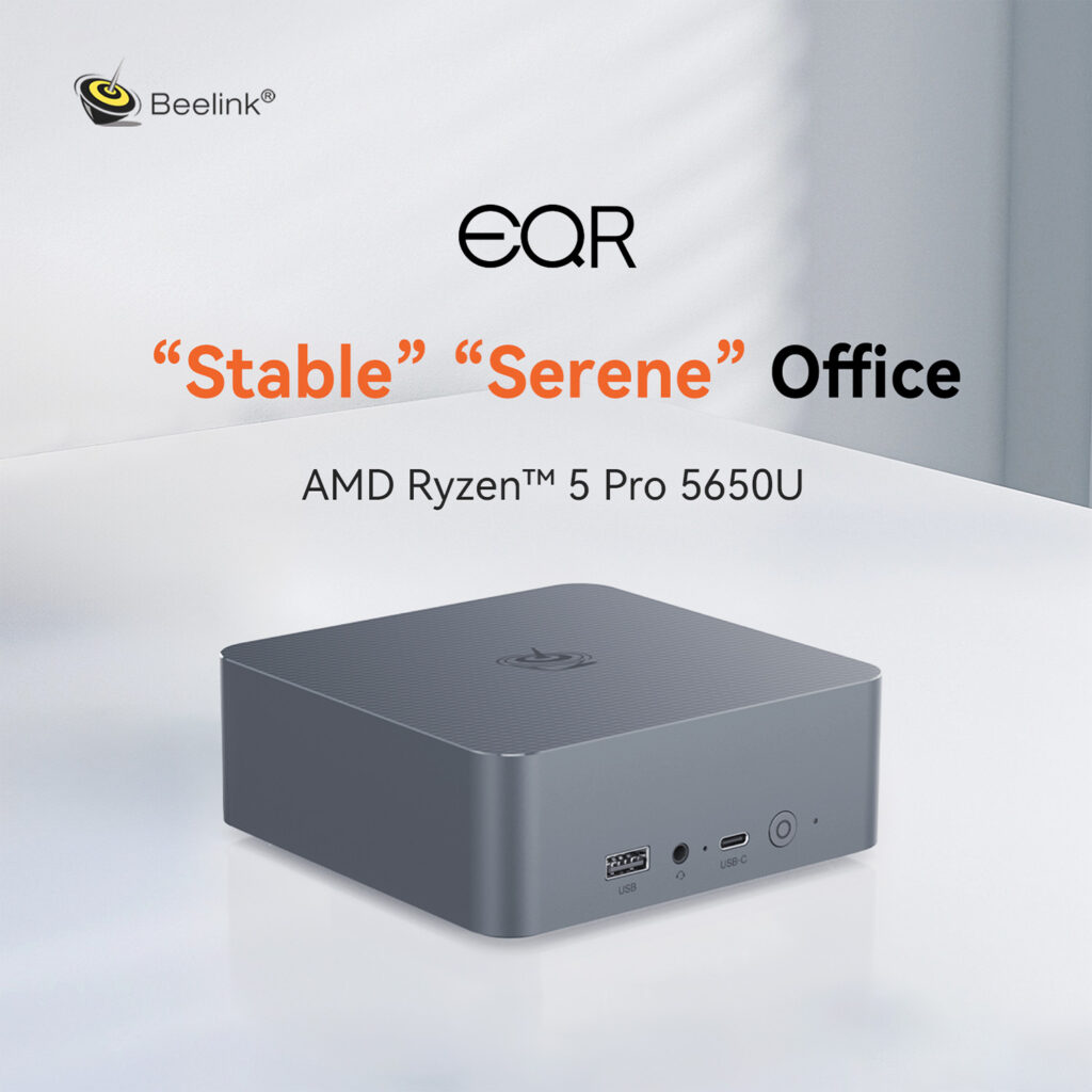 A Beelink EQR5 mini PC sits on a clean white desk with a minimalistic background. The text highlights "Stable" and "Serene" office performance, powered by an AMD Ryzen™ 5 Pro 5650U processor.
