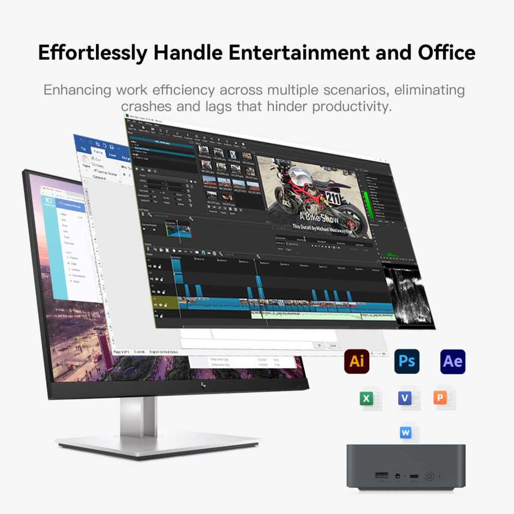 A dual monitor setup with multiple applications open including Adobe software and office tools showcasing the Beelink EQR5's ability to handle entertainment and office tasks efficiently.
