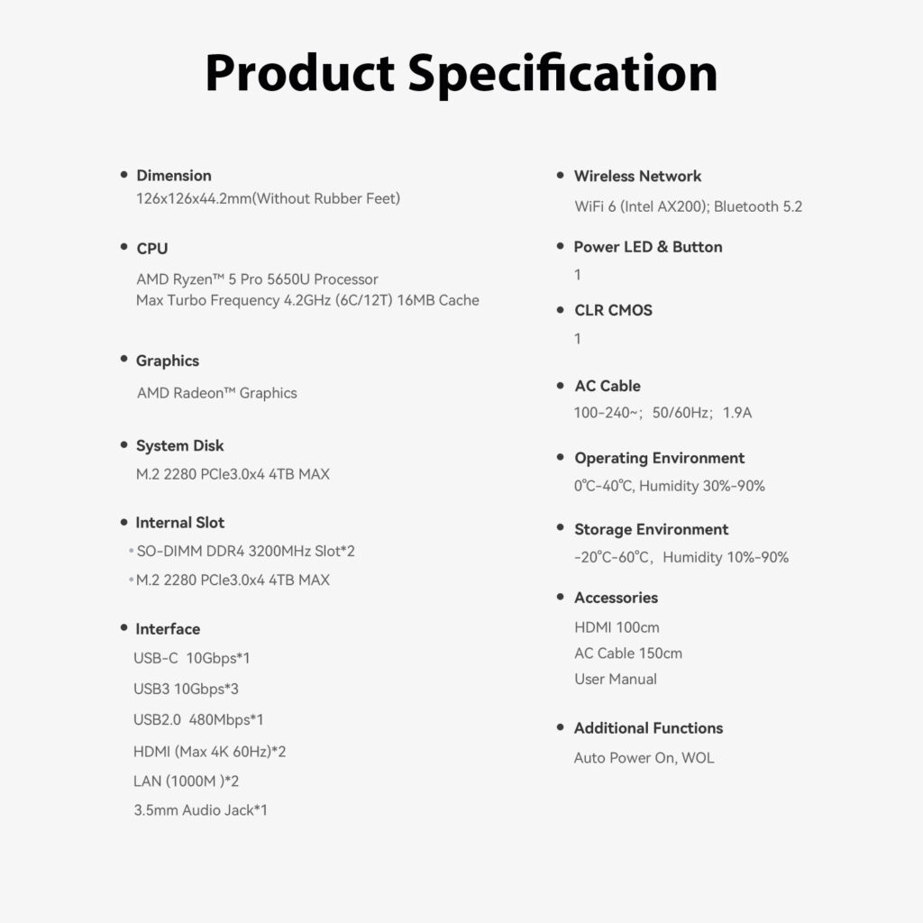 A detailed product specification sheet listing dimensions, processor, memory, storage, connectivity, power requirements, operating environment, and included accessories.
