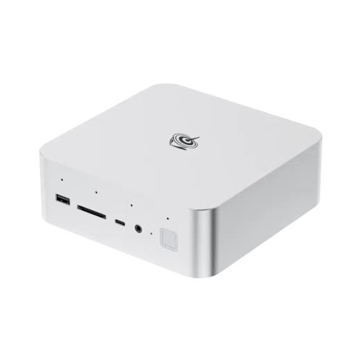 "A high-resolution product image of the Beelink GTi13 Ultra mini PC in a silver finish. The compact, square-shaped device features rounded edges and a minimalist design with the Beelink logo on top. The front panel includes multiple ports, such as a USB port, SD card slot, USB-C port, 3.5mm audio jack, and a fingerprint sensor. Small LED indicator lights are also visible on the front panel.