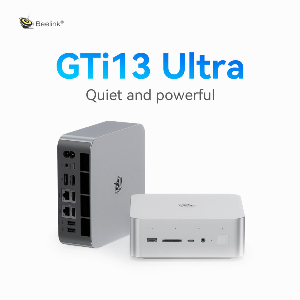 A promotional image for the Beelink GTi13 Ultra mini PC. The device is displayed in two angles: front and rear. The silver-colored compact PC features multiple ports, including USB, Ethernet, and audio jacks. The text highlights the product name ‘GTi13 Ultra’ in bold blue font with the tagline ‘Quiet and powerful’ beneath it. The Beelink logo is positioned in the top left corner.