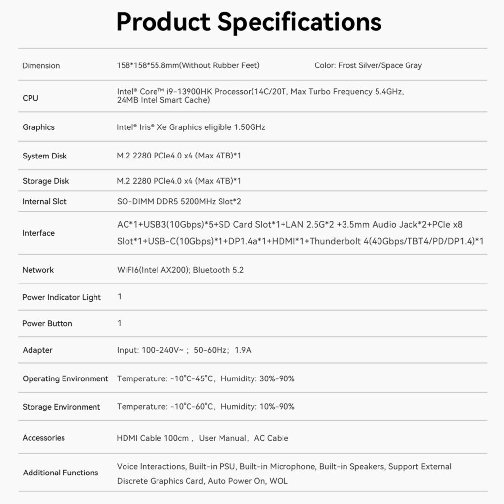 "A product specifications table for the Beelink GTi13 Ultra mini PC. The table lists key details including dimensions (15815855.8mm), available colors (Frost Silver/Space Gray), and hardware components. It features an Intel Core i9-13900HK processor with 14 cores and 20 threads, a max turbo frequency of 5.4GHz, and 24MB Intel Smart Cache. Graphics are handled by Intel Iris Xe with a 1.50GHz max dynamic frequency. Storage options include dual M.2 2280 PCIe 4.0 x4 slots supporting up to 4TB each. Memory expansion supports SO-DIMM DDR5 5200MHz modules. Connectivity options include USB 3.0 ports, SD card slot, dual LAN (2.5G), Thunderbolt 4, HDMI, DisplayPort, and USB-C. The device supports Wi-Fi 6 (Intel AX200) and Bluetooth 5.2. Additional features include built-in PSU, microphone, speakers, support for an external discrete GPU, and auto power-on functions. The package includes an HDMI cable, user manual, and AC cable.