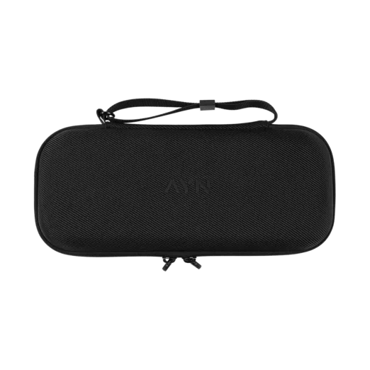 Exterior view of the AYN Odin 2 and Portal carrying case, featuring a durable black shell with a textured surface, dual zipper closure, and a wrist strap for easy carrying.