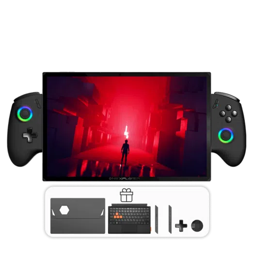 ONEXPLAYER X1 PRO gaming handheld with detachable controllers, displaying a game with a red-lit scene. Below the device, additional accessories are shown, including a protective case, keyboard and extra gaming buttons, indicating included freebies
