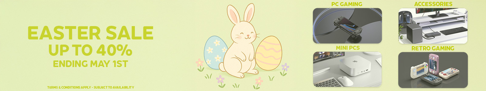Easter Sale promo with a bunny, Easter eggs, and product images. Offers up to 40% off on PC gaming, mini PCs, accessories, and retro gaming. Ends May 1st.