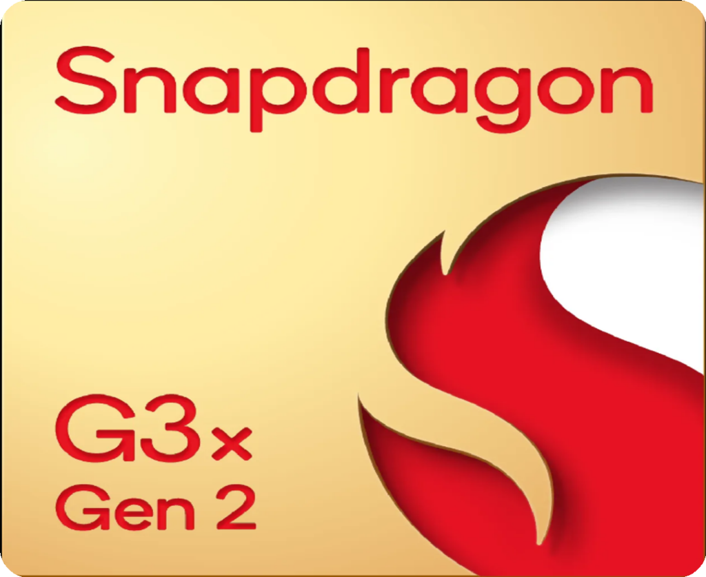 Snapdragon G3x Gen 2 processor badge in a rounded gold square with red flame emblem on the right and bold red text stating Snapdragon G3x Gen 2 on the left