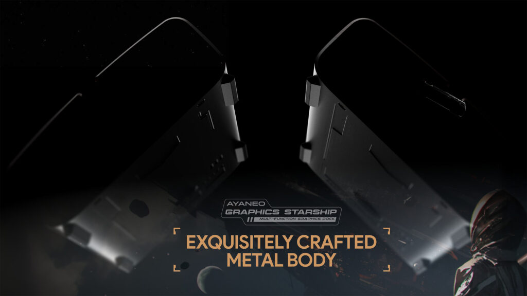 Dramatic visual of the AYANEO AG01s dual metallic chassis pieces mid separation emphasizing its finely crafted metal body against a starry space background