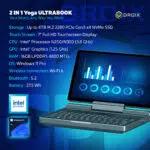 A promotional image for the GPD MicroPC 2 showing its 2 IN 1 Yoga ULTRABOOK design and specifications A GPD MicroPC 2 is displayed open in laptop mode at an angle with a data driven dashboard on its screen The left side of the image lists its key specifications storage touch screen CPU GPU RAM OS wireless connection and battery Logos for intel processor and Windows 11 Pro are in the bottom left corner The DROIX logo is in the top right