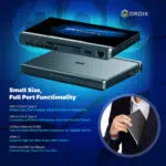 A promotional image for the GPD MicroPC 2 highlighting its Small Size Full Port Functionality Two GPD MicroPC 2 devices are shown angled on a stylized blue background with hexagonal patterns one open and one closed The main text describes the various ports USB C USB A Ethernet HDMI and microSD card reader along with their respective speeds and uses The bottom right shows a close up of a person holding the compact device emphasizing its portability