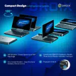 A promotional image for the Compact Design with Ergonomic Controls of the GPD MicroPC 2 The background is a stylized blue with hexagonal patterns The top shows a diagram of a 180° rotation A sequence of three GPD MicroPC 2s is shown demonstrating its hinge rotation The bottom of the image highlights key features in bullet points 180° Rotation One handed Rotation Comfortable QWERTY Keyboard and Fingerprint Unlock with a small inset image of the fingerprint sensor