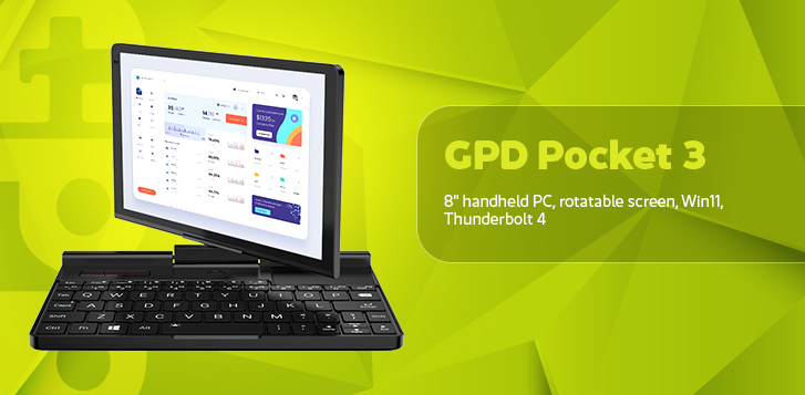 A promotional image for the GPD Pocket 3 a small laptop with a rotatable screen displaying a data dashboard Text on the right provides specifications 8 handheld PC rotatable screen Win11 Thunderbolt 4 The background is bright green with geometric shapes
