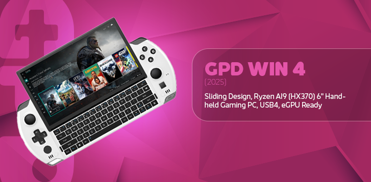 A promotional image for the GPD Win 4 2025 a white handheld gaming PC with a sliding screen revealing a keyboard displaying a game library Text on the right lists its features Sliding Design Ryzen AI9 HX370 6 Hand held Gaming PC USB4 eGPU Ready The background is a vibrant magenta with geometric shapes
