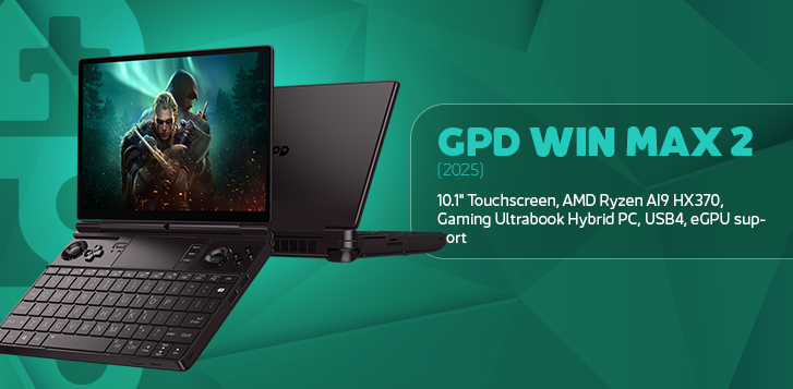 A promotional image for the GPD Win Max 2 2025 handheld gaming PC The device is open displaying a game on its screen and features a full QWERTY keyboard and game controllers To the right text lists its specifications 101 Touchscreen AMD Ryzen AI9 HX370 Gaming Ultrabook Hybrid PC USB4 eGPU support The background is a dark teal color with a faint GPD logo
