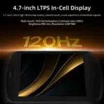 A black handheld gaming device showcases its display Large text at the top reads 47 inch LTPS In Cell Display with supporting details like 47 inch 120Hz high refresh rate screen smooth touch a new experience in handheld esports Further specifications are listed Multi touch OCA full lamination Contrast ratio 12001 Brightness 500 nits and Resolution 1280960 The number 120Hz is prominently displayed in a gold glowing font