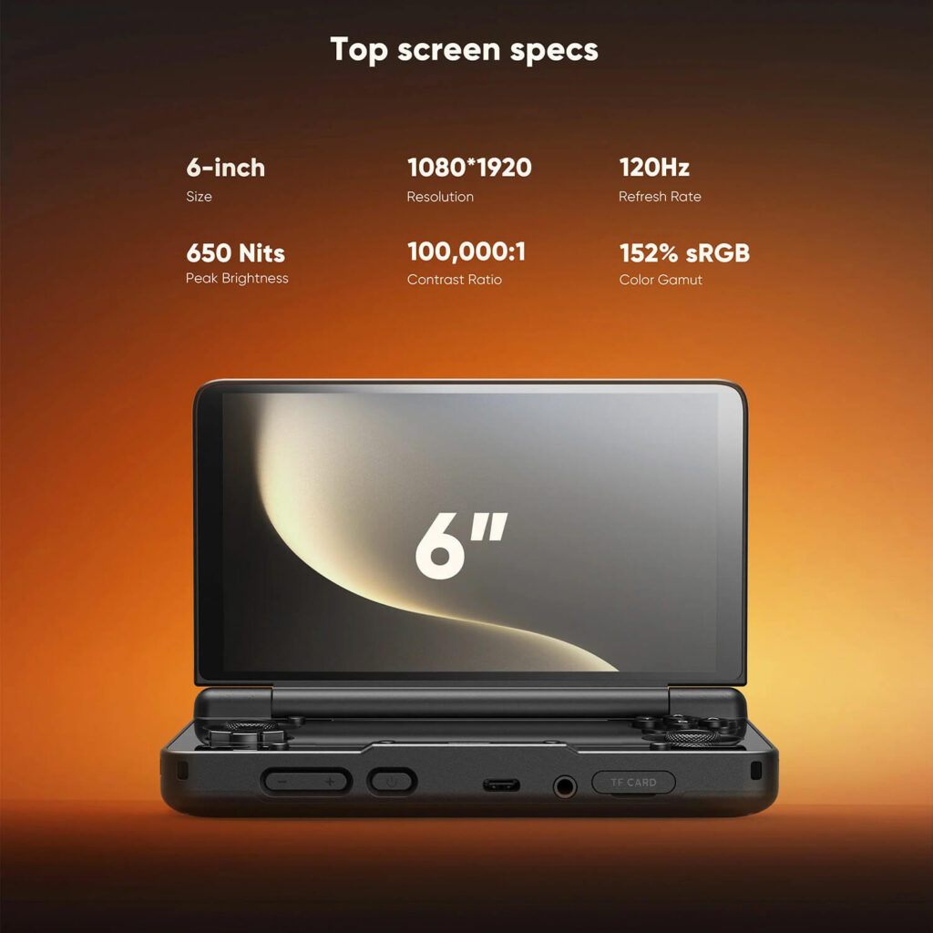 A promotional image for the AYN Thor handheld gaming console, highlighting the top screen's specifications. The background is a gradient of orange and brown. The top of the image has the title "Top screen specs" and six white text boxes detailing the features: "6-inch Size", "1080*1920 Resolution", "120Hz Refresh Rate", "650 Nits Peak Brightness", "100,000:1 Contrast Ratio", and "152% sRGB Color Gamut". Below this is a frontal view of the open AYN Thor, with its top screen angled towards the viewer, prominently displaying a large "6''" on a stylized background.
