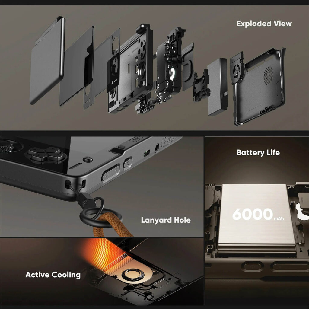 A product information graphic for the AYN Thor handheld gaming console, composed of four panels against a dark grey background.

Top Panel: An exploded view of the device showing its components separated in layers, from the screen and top shell to the internal circuit board and back panel. The text "Exploded View" is in the upper right.

Bottom Left Panel: A close-up shot of the side of the device, where a black lanyard with a ring is attached. The text "Lanyard Hole" is next to it.

Bottom Middle Panel: A detailed view of the internal components, with a fan and copper heat sink glowing with an orange light to illustrate "Active Cooling."

Bottom Right Panel: A close-up of a battery inside the device, with a prominent "6000 mAh" text. The text "Battery Life" is in the upper right of the panel.