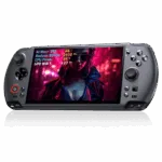  A GPD WIN 5 handheld gaming console is centered against a grey background Its screen displays a woman in a cyberpunk setting Overlaid on the screen is a transparent window showing performance metrics like AI Max+ Radeon 8060s CPU Power and FPS The console is dark grey with a prominent D pad analog sticks and face buttons