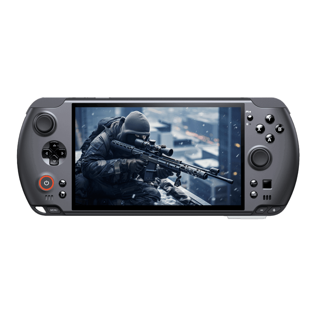 A GPD WIN 5 handheld gaming console is centered against a grey background Its screen displays a woman in a cyberpunk setting Overlaid on the screen is a transparent window showing performance metrics like AI Max+ Radeon 8060s CPU Power and FPS The console is dark grey with a prominent D pad analog sticks and face buttons
