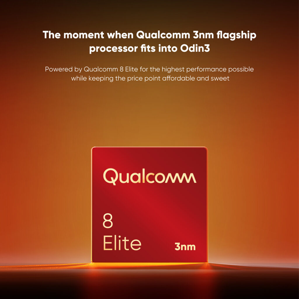 A promotional graphic for the AYN Odin3's processor. The background is a glowing orange-red gradient. In the center, a red rectangular chip is shown with white text "Qualcomm 8 Elite 3nm". The text "The moment when Qualcomm 3nm flagship processor fits into Odin3" and "Powered by Qualcomm 8 Elite for the highest performance possible while keeping the price point affordable and sweet" is at the top of the image.