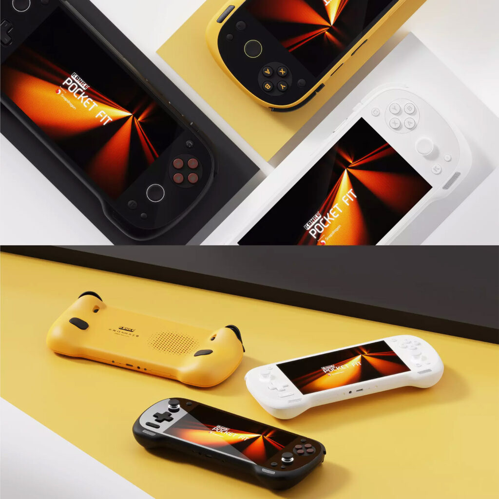 A split-view promotional image showcasing three color variants of the KONKR Pocket Fit handheld gaming console. The top half shows the black, yellow, and white consoles in a flat-lay arrangement, each with a screen displaying a glowing orange abstract design. The bottom half shows the same three consoles in a dynamic arrangement on a yellow surface, with the yellow console flipped over to display its back panel and vents, while the black and white consoles are angled to show their screens and front controls. A split-view promotional image showcasing three color variants of the KONKR Pocket Fit handheld gaming console. The top half shows the black, yellow, and white consoles in a flat-lay arrangement, each with a screen displaying a glowing orange abstract design. The bottom half shows the same three consoles in a dynamic arrangement on a yellow surface, with the yellow console flipped over to display its back panel and vents, while the black and white consoles are angled to show their screens and front controls. A split-view promotional image showcasing three color variants of the KONKR Pocket Fit handheld gaming console. The top half shows the black, yellow, and white consoles in a flat-lay arrangement, each with a screen displaying a glowing orange abstract design. The bottom half shows the same three consoles in a dynamic arrangement on a yellow surface, with the yellow console flipped over to display its back panel and vents, while the black and white consoles are angled to show their screens and front controls. Analysis
