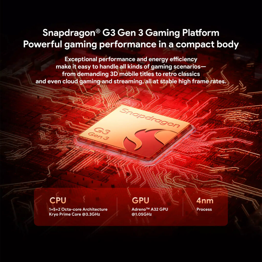 A promotional graphic for the Snapdragon G3 Gen 3 Gaming Platform. The image shows a golden-orange processor chip with a stylized flame logo on an orange circuit board background. The title "Snapdragon® G3 Gen 3 Gaming Platform" is at the top. The bottom features three boxes with key specifications: CPU (1+5+2 Octa-core Architecture), GPU (Adreno™ A32 GPU @1.05GHz), and Process (4nm).